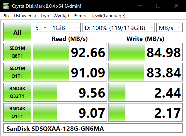 SanDisk Extreme microSD 128GB - test szybkości Crystal Disk Mark